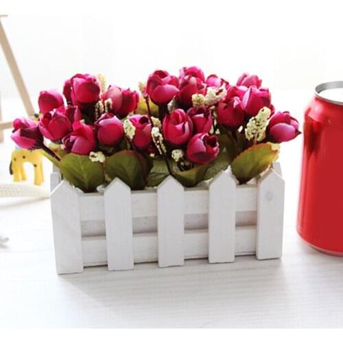 Fake Flowers Artificial Rose Flowers with White Fence Pot Mini Bonsai Set for Party Wedding Decoration Home Office Desk Ornament