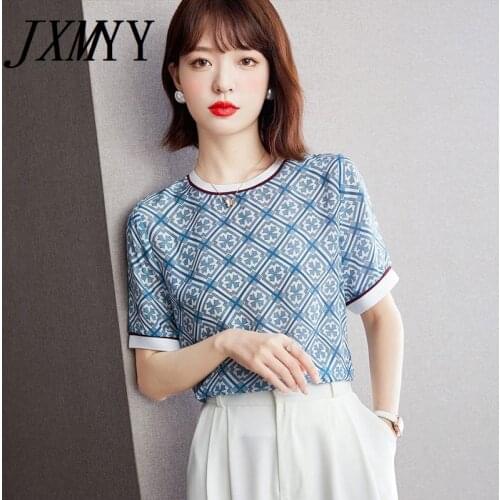 JXMYY 2021 Summer Fashion New Tops Womens Short Sleeve Square Check Print Small Shirt Ribbed Half Sleeve Mulberry Silk