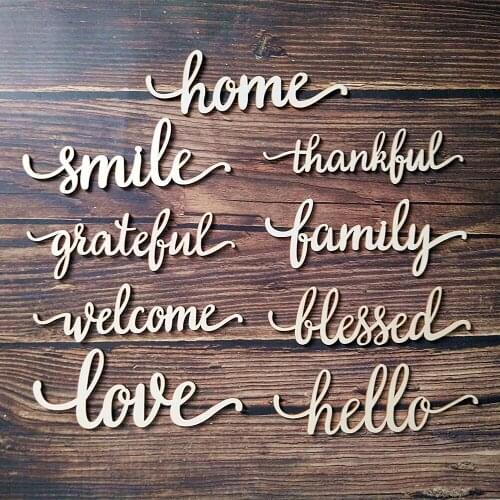 Laser Cut Family Love Hello Smile Grateful Welcome Blessed Home Thankful Sign Wooden Words Room Decoration Wall Hanging Wood Art