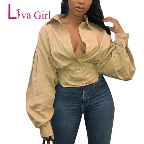 LIVA GIRL Khaki/White/Black Woman Plus Size Sexy Turn-down Collar V-Neck Shirt Female Solid Long Sleeve Button Blouse Tops S-XXL
