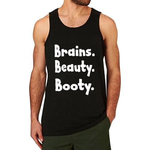 Lyprerazy Mens BRAINS BEAUTY BOOTY Workout Gym Funny Printed Tank Top