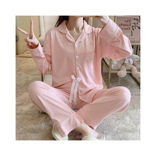 Kawaii Soft Pink Womens Pajamas Set Simple Pure Color Femme Pajamas Winter Thick Casual Cotton Girls Turn-down Collar Sleepwear
