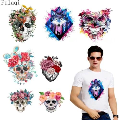 Pulaqi Heat Transfer Punk Skull Vinyl Patch For Clothes Sticker Thermal Iron On Transfer Heart Applique For Man T Shirt Decors