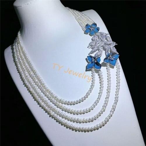 4row 6-7 mm Natural fresh water pearl Necklace With inlay zircon flower Clasp Necklace 17-22inch womens New Year