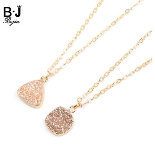 Trendy Natural Druzy Stone Pendant Necklaces For Women Geometric Champagne Drusy Jewelry Gold Brass Chain Necklace Femme NKS254