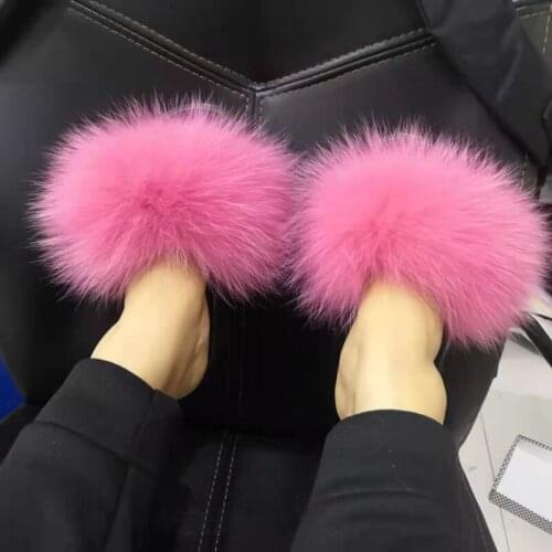 Wholesale Fluffy Real Fur Slides Women Furry Slippers Ladies Flat Slides Shoes Woman Fluffy Sandals Girl Plush Fur Flip Flops