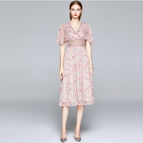 SMTHMA 2021 New Short Sleeve Floral Bohemia Chiffon Dress Women Summer Vintage Slim Lace Patchwork Casual Dresses Vestidos