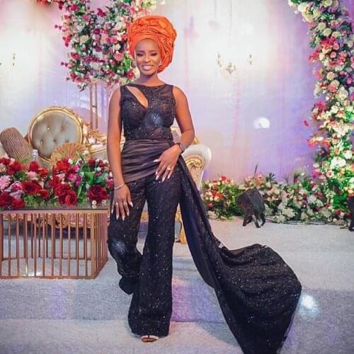 Modern Jumpsuit Evening Dresses with Overskirt O Neck Lace Appliques Bead African Formal Gown