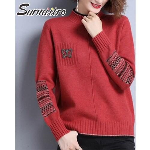 SURMIITRO Knitted Sweater Women 2021 Fashion Autumn Winter Half Turtleneck Korean Style Long Sleeve Jumper Pullover Female Red