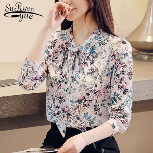 Womens tops and blouses 2021 print chiffon blouse shirt elegant bow V collar long sleeve women shirts blusas harajuku 2432 50