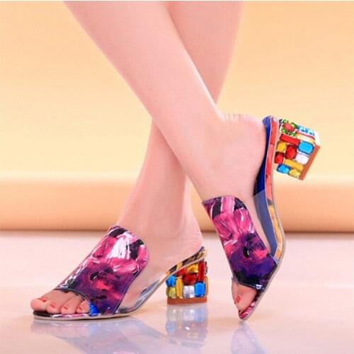 Women Slippers Leather Colorful Rhinestone Crystals Woman Shoes Square Heels Peep Toe Summer Mules Ladies Sandals Slippers