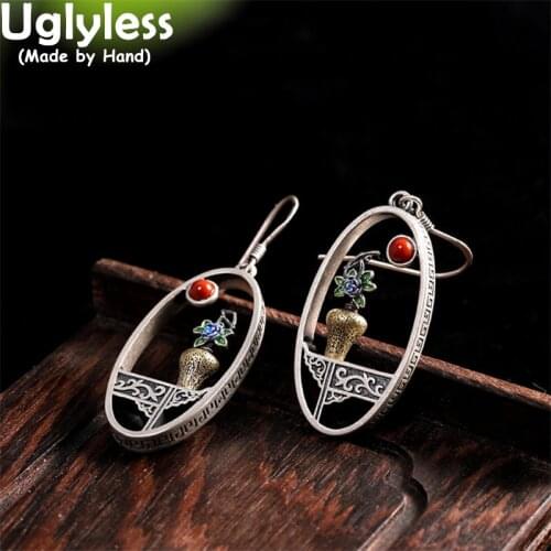 Uglyless China Chic Poetic Jewelry for Women Thai Silver 925 Silver Vase Earring Agate Moon Brincos Eastern Charming Dress Jewel