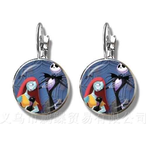 Jack Skellington 16mm Round Glass Cabochon Handmade Stud Earrings Women Girls Party Favor Silver Plated Earrings Halloween Gifts