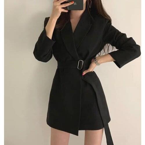 Fall 2019 Mew Women Blazer Coat Notched Collar Long Sleeve Belted Slim Autumn Coat Casual Long Blazer Jacket Outfit High Quality