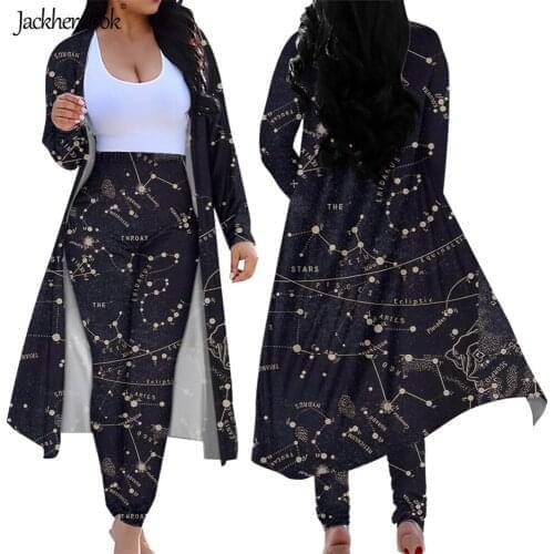 Jackherelook Space Constellations Pattern Plus Size Women Open Front Cardigans High Waist Pants Suit Casual 2 Piece Outfits 2021