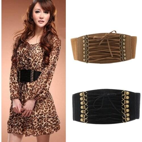 Women Elastic Buckle Wide/Tassel Waistband Retro Lady Corset Stretch Waist Belt