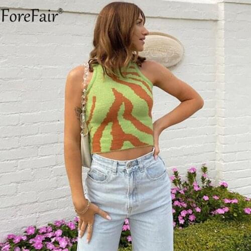 Forefair O Neck Blue Knitted Crop Top Women Print Patchwork Sleeveless Summer Autumn Fashion Casual Green Sexy Y2k Tank Tops