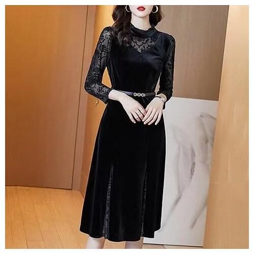 Spring Autumn Women Stand Ruffles Collar Velvet Patchwork Black Mermaid Dress , Slim 4xl 5xl Trumpet Dresses for Woman Clothes