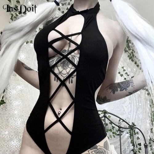 InsDoit Gothic Sexy Cut Out Bodysuits Women Slim Bodycon Sleeveless Bodysuit Harajuku Lace Up Backless Aesthetic Rompers 2021