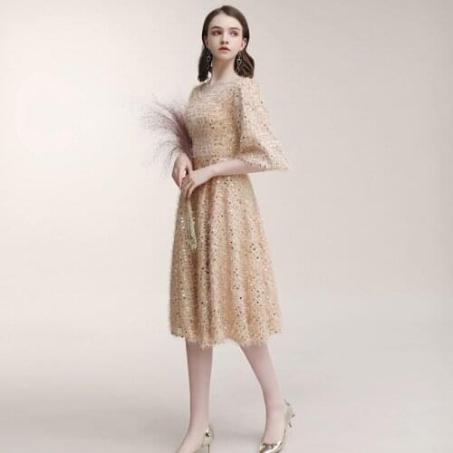 Women Sexy Sequins Cocktail Dress Solid V-Neck Half Sleeve Homecoming Dresses Party Gown Real Photo