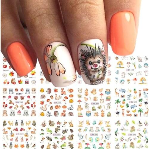 12pcs Lovely Animal Water Nail Sliders Hedgehog Squirrel Robin Bird Decals Foils Autumn Nail Decor Stickers NFBN1681-1692