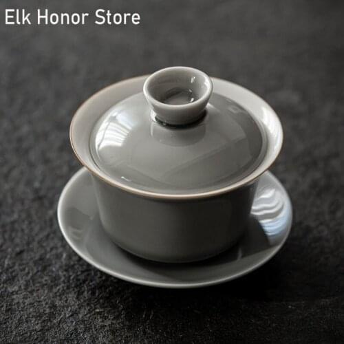 180ml Japanese Style Ice Grey Glaze Pottery Sancai Tureen Master Cups Handmade Gaiwan Chrysanthemum Tea Pot Office Decoration