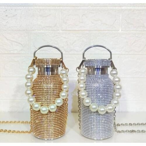 2021 Creative Pearl Diamond Thermos Mug 304 Stainless Steel Diamond Water Bottle Portable Belt Rope Outdoor Net Red Botella