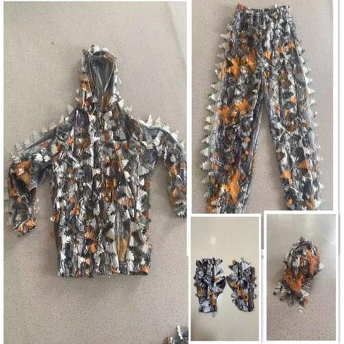 3D hunting suit camouflage suit Leaves Ghillie Suit Universal Camo Sniper military Army 4-piece（Clothes, pants, gloves, hats