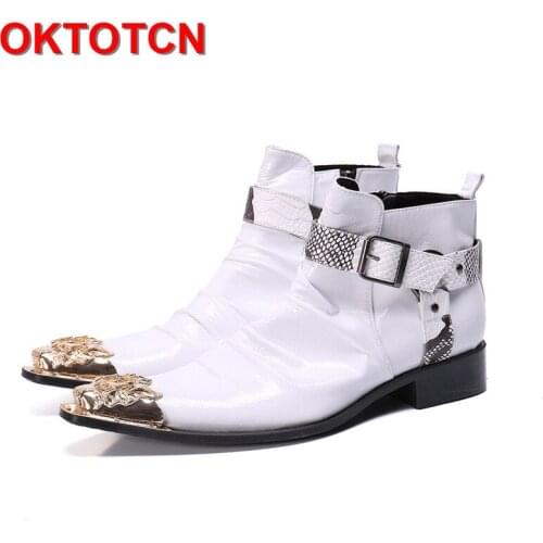 White Men Leather Formal Shoes Gold Pointed Toe Metal Buckle Straps Ankle Boots Zipper Snow Boots Plus Size 46 Mens Pointy Boots