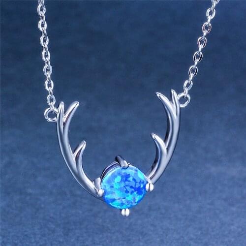White Blue Round Opal Antlers Pendant Necklaces For Women Christmas Gift Vintage Fashion 925 Silver Jewelry Birthstone Necklace