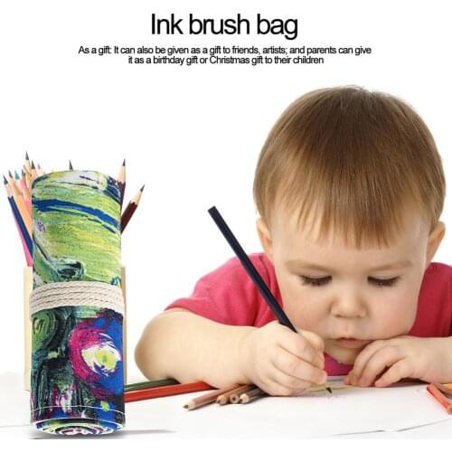 Ink Painting Style Pencil Case Art Pen Bag Pouch Canvas Pen Wrap Roll Makeup Cosmetic Brush Pen Storage Stationery Student Arts
