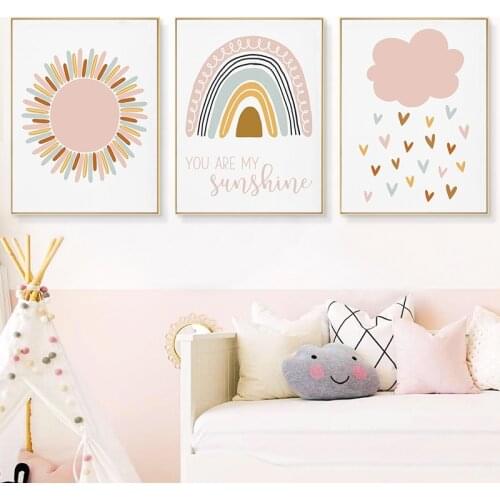 Child Room Wall Poster Pink Sun Clouds Wall Art Nursery Rainbow Canvas Painting Nordic Kid Bedroom Picture for Baby Room Decor