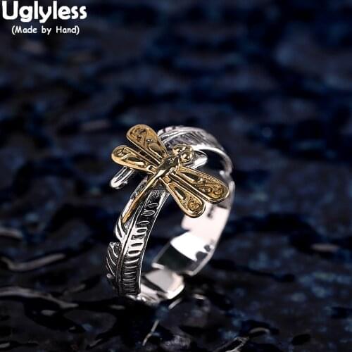 Uglyless Handmade Insects Dragonfly Rings for Women Vintage Thai Silver Ethnic Open Ring Adjustable 925 Silver Leaf Ring Jewelry