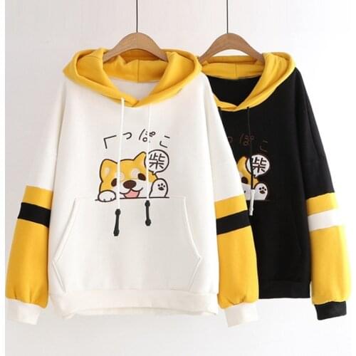 Korean Fashion Female Sweatshirt 2021 Womens Japanese Puppy Color Block Hoodie Long Sleeve Dog Ear Hat Trendy худи оверсайз