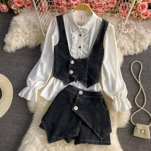 Fashion Streetwear 3 Piece Set Long Sleeve Blouse Shirt + Demin Vest + Jeans Shorts Set Korean Suits 2021 Spring Women Outfits