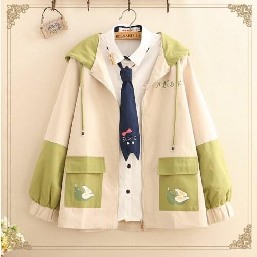 Japanese 's mori girl new autumn outfit but avocado printed color matching jacket pocket schoolgirl fresh hooded coat