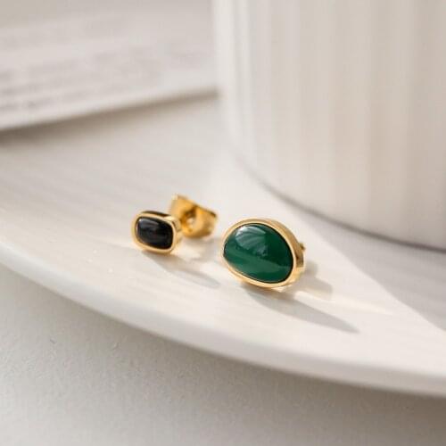 2021 New Stainless Steel Asymmetric Stud Earrings For Women Retro Green black Agate Irregular Double Pendant Necklace Jewelry
