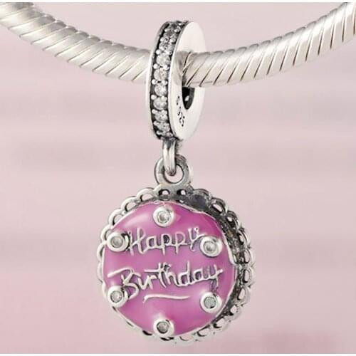 Original Pink Birthday Cake With Happy Birthday Pendant Beads Fit 925 Sterling Silver Bead Charm Bracelet Diy Jewelry