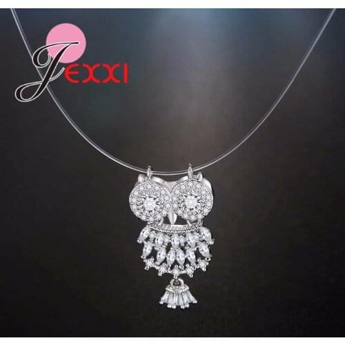 925 Sterling Silver Dazzling Zircon Owl Necklace And Invisible Transparent Fishing Line Necklaces Pendant Jewelry