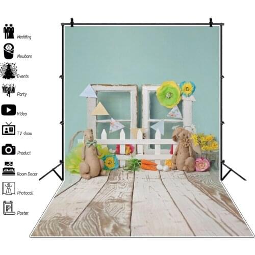 Laeacco Easter Photophone Wood Window Flowers Rabbits Fence Pennant Carrot Baby Portrait Photography Backdrops Photo Backgrounds