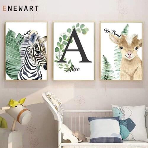 Custom Print Name Canvas Poster for Kid Room Green Plant Baby Animal Nursery Wall Art Picture Nordic Personalized Painting Decor