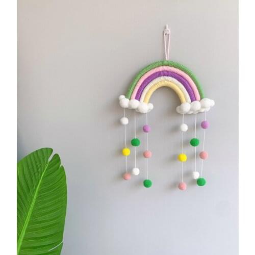 Macrame Rainbow Wall Decor, Colorful Handmade Wall Hanging Ornaments with Pom Pom Tassel for Home