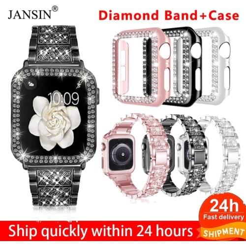 Women Strap For Apple Watch Band 38mm 40mm 42mm 44mm Jewelry Bling Diamond Band+Protective Case for iWatch SE Series 6 5 4 3 2