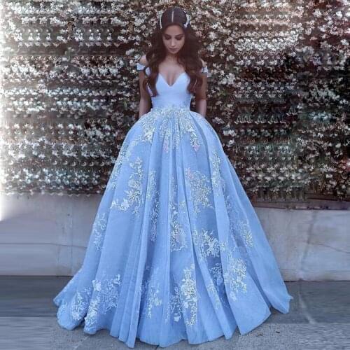 E JUE SHUNG Light Blue Organza Lace Appliques Luxury Wedding Dresses V-neck Off The shoulder Wedding Gowns Bride Dresses