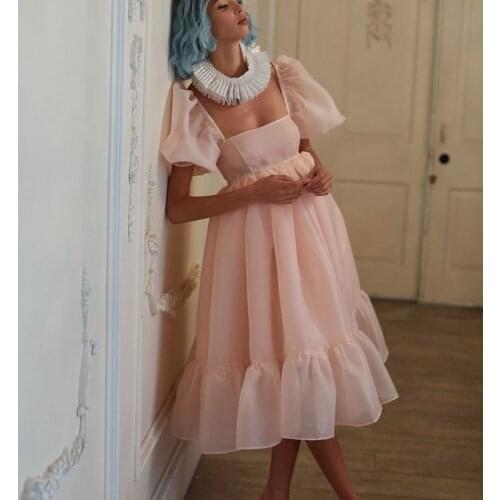 Pink Cute Elegant Exquisite Princess Dress Square A-Line Tea Length Dresses Tulle Layered Ruffles Photography Custom Made