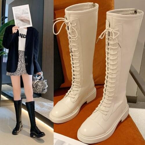 British Cross-tied motorcycle boots women 2021 zip knee-high booties ladies shoes round toe low heels long riding botas mujer
