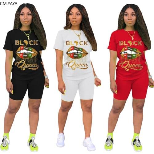 CM.YAYA Women Sport Black Queen Lips Two Piece Set T-shirt Tops Knee Length Jogger Sweatpant Suit Tracksuit Matching Set Outfits