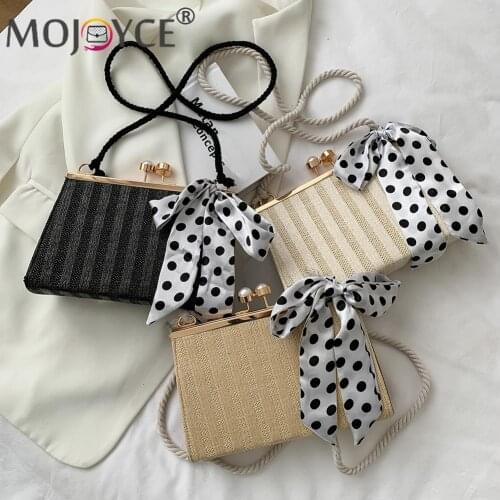 Retro Ladies Woven Silk Scarf Small Messenger Shoulder Bag Women Hasp Handbags Bow Fashionable Rattan Drawstring Bag