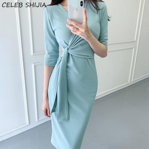 2021 Spaghetti Summer Dress Woman V-neck Elegant Vestido Woman Clothing Slim Waist Chic Blue OL Work Clothes Dresses Female