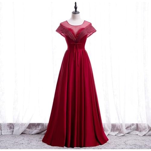 Bespoke Occasion Dresses Vintage O-Neck Short Pleat Beading Satin Lace Luxury Burgundy Backless Women Formal Evening Gown HB246